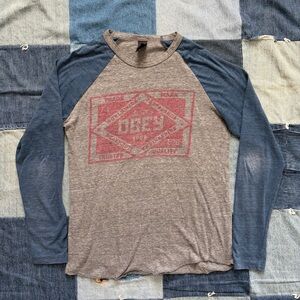 vintage baseball tee grunge obey grey blue red size S